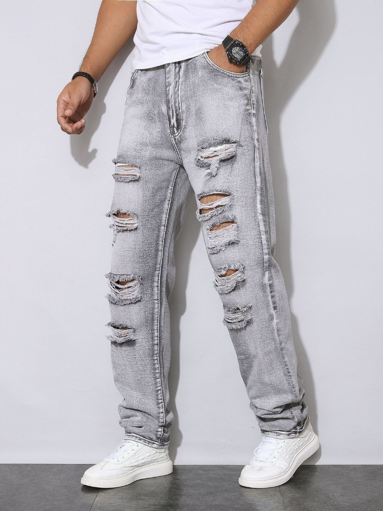 Men'S Fashion Grey Jeans - Pantalon en jean gris déchiré pour