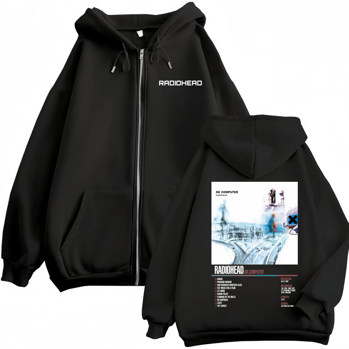 Mens Fashion Zip Up Hoodies - Radiohead Album de musique affiche graphique