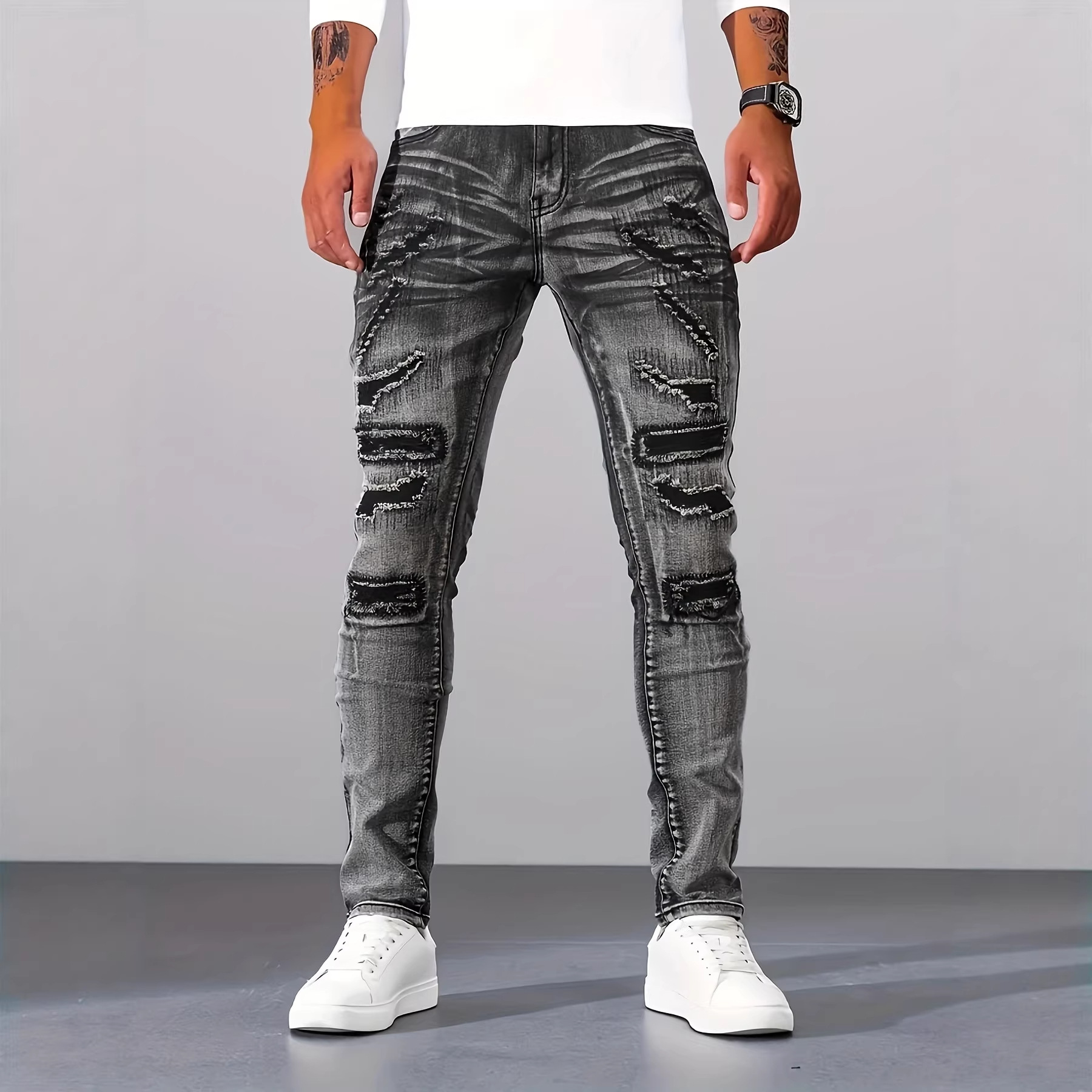 Men'S Fashion Grey Jeans - Jean slim gris décontracté pour homme,